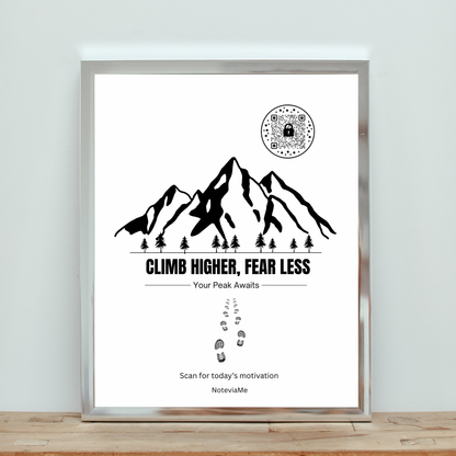 Motivational Mountain Poster – "Climb Higher, Fear Less" | QR Code Daily Inspiration