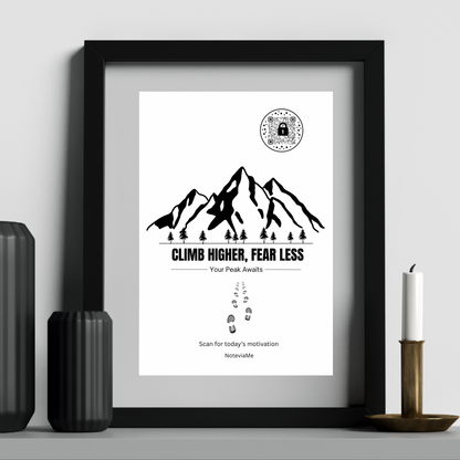 Motivational Mountain Poster – "Climb Higher, Fear Less" | QR Code Daily Inspiration