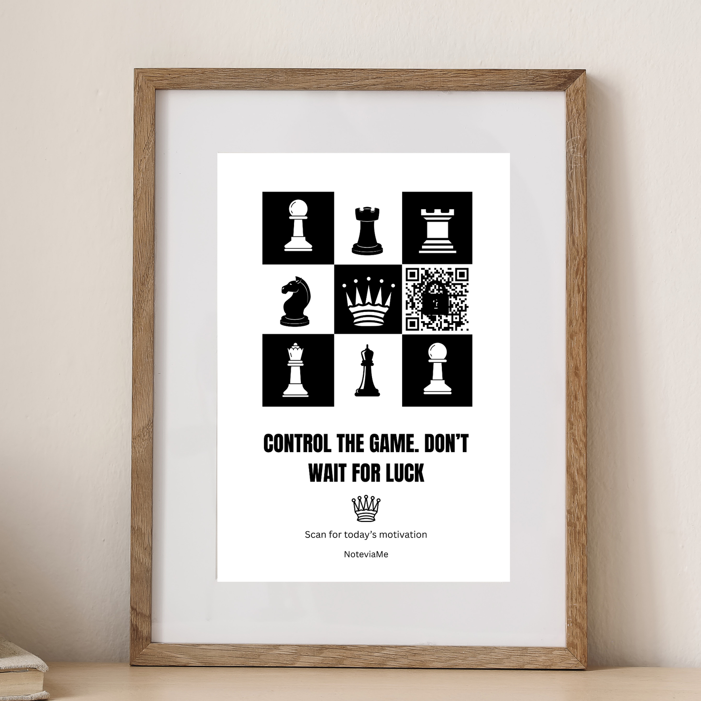 Motivational Chess Poster – "Control The Game, Don’t Wait For Luck" | QR Code Daily Inspiration